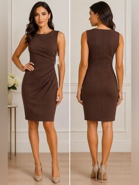 Calvin Klein Faux Suede Brown Taupe Ruched Sheath Dress Sleeveless NWT 6
